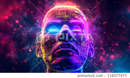 An abstract faceless figure is illuminated with neon text. The concept of futuristic design, digital identity, and modern aesthetics. Generative AI. 116077475