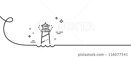 Lighthouse line icon. Continuous one line with curl. Searchlight tower sign. Beacon symbol. Lighthouse single outline ribbon. Loop curve pattern. Vector Lighthouse line icon. Continuous one line with curl. Searchlight tower sign. Beacon symbol. Lighthouse single outline ribbon. Loop curve pattern. Vector 116077541