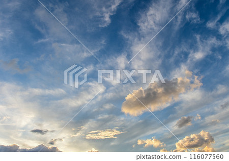 Blue sky clouds background, Beautiful landscape with clouds and orange sun on sky Blue sky clouds background, Beautiful landscape with clouds and orange sun on sky 116077560