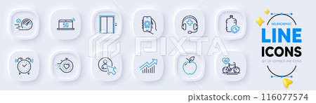 Demand curve, Medical support and Speedometer line icons for web app. Pack of Alarm clock, Lift, 5g notebook pictogram icons. Timer, User, Award app signs. Refill water, Cardio bike, Apple. Vector 116077574