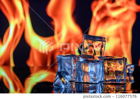 ice cubes against the background of fire, fire and ice, 3 116077576