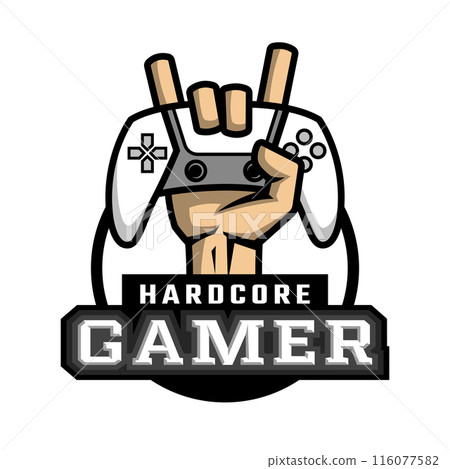 The hand holds the controller. Hardcore gamer logo. 116077582