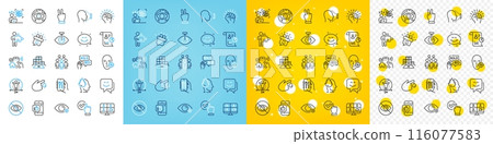 Vector icons set of Problem skin, House security and Smile chat line icons pack for web with Stress, Smile, Farsightedness outline icon. Puzzle, Social distance, Cyber attack pictogram. Vector 116077583