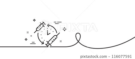 Vaccination schedule line icon. Continuous one line with curl. Vaccine syringe sign. Second injection time symbol. Vaccination schedule single outline ribbon. Loop curve pattern. Vector 116077591