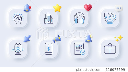 Checked calculation, Skyscraper buildings and Speaker line icons. Buttons with 3d bell, chat speech, cursor. Pack of Empower, Handbag, Headphones icon. Vector Checked calculation, Skyscraper buildings and Speaker line icons. Buttons with 3d bell, chat speech, cursor. Pack of Empower, Handbag, Headphones icon. Vector 116077599