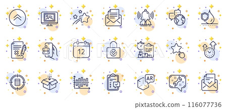 Outline set of Password encryption, Brand and Checklist line icons for web app. Include Annual calendar, Approved mail, Puzzle game pictogram icons. World communication, Get box. Vector Outline set of Password encryption, Brand and Checklist line icons for web app. Include Annual calendar, Approved mail, Puzzle game pictogram icons. World communication, Get box. Vector 116077736