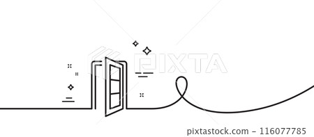 Open door line icon. Continuous one line with curl. Entrance doorway sign. Building entry symbol. Open door single outline ribbon. Loop curve pattern. Vector 116077785