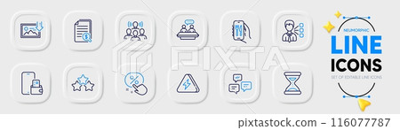 Lightning bolt, Phone wallet and Team work line icons for web app. Pack of Discount button, Chat messages, Ranking stars pictogram icons. Time, Restaurant app, Download photo signs. Vector 116077787
