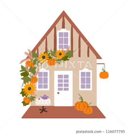 Autumn house vector illustration. Cozy wood cabin with terrace decorated with pumpkins and sunflowers in hand-drawn minimalist flat style isolated on white background. Charming fall cottage 116077795