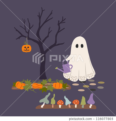 Halloween garden vector illustration. Cute ghost holding watering can, autumn vegetable patch with pumpkins and toadstool mushrooms, spooky tree with carved jack-o-lantern. Scary holiday night scene Halloween garden vector illustration. Cute ghost holding watering can, autumn vegetable patch with pumpkins and toadstool mushrooms, spooky tree with carved jack-o-lantern. Scary holiday night scene 116077803