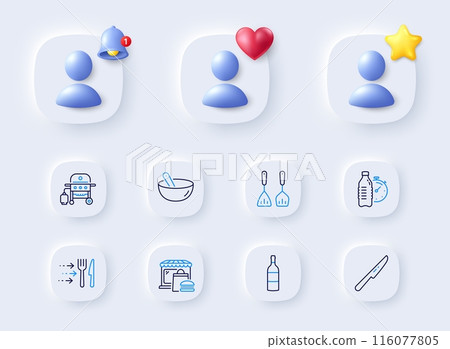 Wine bottle, Food market and Gas grill line icons. Placeholder with 3d bell, star, heart. Pack of Table knife, Cooking mix, Fitness water icon. Cooking cutlery, Food delivery pictogram. Vector 116077805