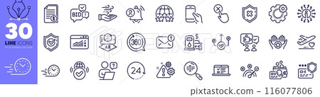 Web traffic, Hold smartphone and Search text line icons pack. Medical flight, Bid offer, Cogwheel web icon. Wind energy, Correct answer, Confirmed pictogram. Online question, New message, Info. Vector 116077806