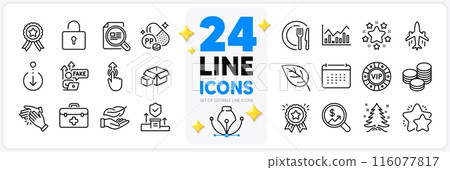 Icons set of Star, Winner ribbon and Lock line icons pack for app with Clapping hands, Scroll down, Dish thin outline icon. Fake internet, Infochart, Plane pictogram. Loyalty award. Vector 116077817
