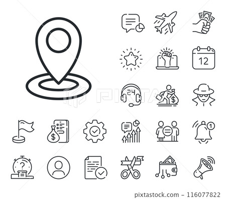 Map pointer sign. Salaryman, gender equality and alert bell outline icons. Location line icon. Location line sign. Spy or profile placeholder icon. Online support, strike. Vector Map pointer sign. Salaryman, gender equality and alert bell outline icons. Location line icon. Location line sign. Spy or profile placeholder icon. Online support, strike. Vector 116077822