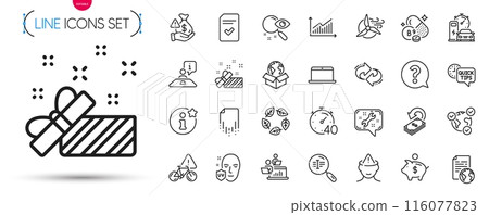 Pack of Recovery file, Present and Checked file line icons. Include Uv protection, Timer, Search pictogram icons. Laptop, Graph, Delivery service signs. Interview, Windmill turbine, Bribe. Vector Pack of Recovery file, Present and Checked file line icons. Include Uv protection, Timer, Search pictogram icons. Laptop, Graph, Delivery service signs. Interview, Windmill turbine, Bribe. Vector 116077823