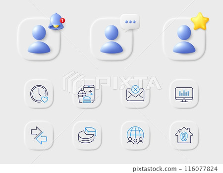 Reject mail, Pie chart and Food order line icons. Placeholder with 3d star, reminder bell, chat. Pack of Fingerprint access, Music making, Dating icon. Global business, Synchronize pictogram. Vector 116077824
