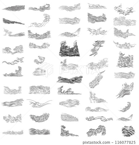 Set of hand drawn wave elements vector. Natural art background with Chinese wave icon and symbol in vintage style 116077825