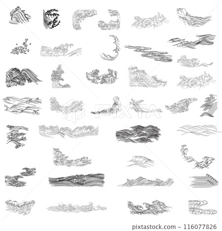 Set of black and white hand drawn wave elements vector. Natural art background with Chinese ocean sea icon and symbol in vintage style Set of black and white hand drawn wave elements vector. Natural art background with Chinese ocean sea icon and symbol in vintage style 116077826