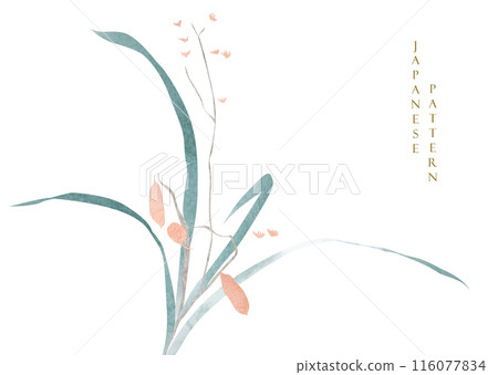 Floral and leaves with watercolor texture illustration in vintage style. Colorful branch of flower pattern in vintage style. Oriental flora banner design. 116077834