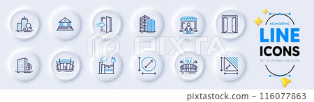 Circle area, Buildings and Factory line icons for web app. Pack of Market buyer, Open door, Triangle area pictogram icons. Court building, Skyscraper buildings, Inspect signs. Vector Circle area, Buildings and Factory line icons for web app. Pack of Market buyer, Open door, Triangle area pictogram icons. Court building, Skyscraper buildings, Inspect signs. Vector 116077863