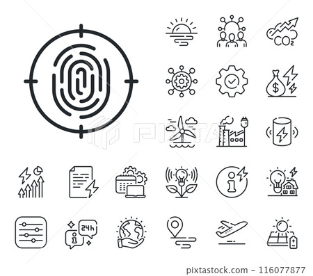 Finger print target sign. Energy, Co2 exhaust and solar panel outline icons. Fingerprint line icon. Biometric identity symbol. Fingerprint line sign. Eco electric or wind power icon. Vector 116077877