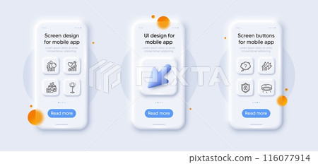 Question mark, Led lamp and Stand lamp line icons pack. 3d phone mockups with cursor. Glass smartphone screen. Inspect, Heart beat, Energy inflation web icon. Search people, Shield pictogram. Vector 116077914