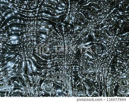A close-up of a reflective surface with rippled textures, resembling a starry night sky or digital abstract design. Play of light and texture creates a captivating visual experience. 116077994