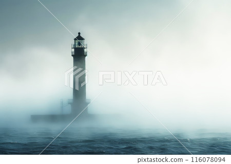 A hauntingly beautiful lighthouse emerges from the dense fog, serving as a steadfast guide and symbol of resilience amidst the obscured landscape. 116078094