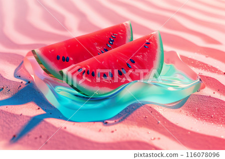 Refreshing watermelon cut on resin translucent plate on pink sand background. National watermelon day. 116078096