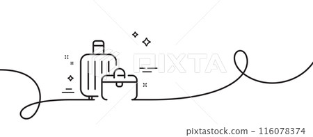 Baggage line icon. Continuous one line with curl. Travel luggage sign. Journey bag claim symbol. Baggage single outline ribbon. Loop curve pattern. Vector 116078374