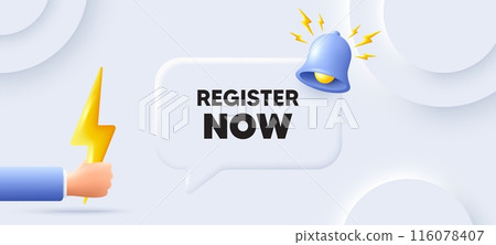 Register now tag. Neumorphic background with chat speech bubble. Free registration offer. Create an account message. Register now speech message. Banner with energy. Vector 116078407