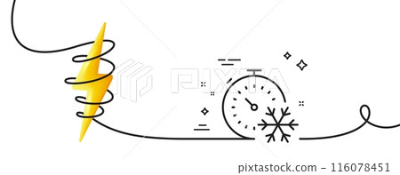 Freezing timer line icon. Continuous one line with curl. AC cold temperature sign. Fridge function symbol. Freezing timer single outline ribbon. Loop curve with energy. Vector 116078451