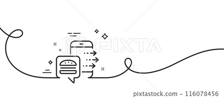 Food order line icon. Continuous one line with curl. Meal delivery app sign. Online catering service symbol. Food order single outline ribbon. Loop curve pattern. Vector Food order line icon. Continuous one line with curl. Meal delivery app sign. Online catering service symbol. Food order single outline ribbon. Loop curve pattern. Vector 116078456