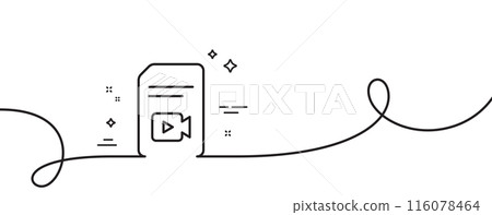 Document with Video content line icon. Continuous one line with curl. Vlog File with Camera sign. Paper page concept symbol. Video file single outline ribbon. Loop curve pattern. Vector Document with Video content line icon. Continuous one line with curl. Vlog File with Camera sign. Paper page concept symbol. Video file single outline ribbon. Loop curve pattern. Vector 116078464