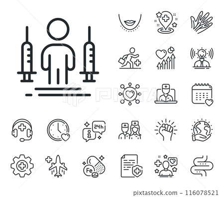 Corona vaccine syringe sign. Online doctor, patient and medicine outline icons. Coronavirus two injections line icon. Covid jab symbol. Coronavirus injections line sign. Vector 116078521