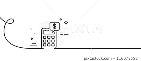 Calculator line icon. Continuous one line with curl. Accounting sign. Calculate finance symbol. Calculator single outline ribbon. Loop curve pattern. Vector 116078558