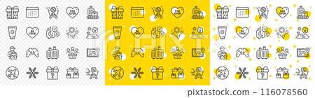Outline Secret gift, Shopping cart and Sunscreen line icons pack for web with Be true, Fireworks, Lake line icon. Discounts cart, Sleep, Gamepad pictogram icon. Photo location, Gift box. Vector 116078560