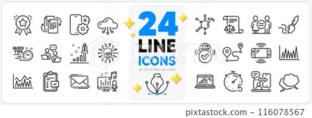 Icons set of Chemical formula, Bureaucracy and Timer line icons pack for app with Phone service, Journey, Equality thin outline icon. Investment, Brush, Phone timing pictogram. Vector 116078567