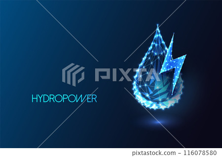 Hydropower potential as sustainable energy source futuristic concept. Water drop and lightning Hydropower potential as sustainable energy source futuristic concept. Water drop and lightning 116078580