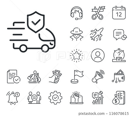 Car risk coverage sign. Salaryman, gender equality and alert bell outline icons. Transport insurance line icon. Delivery protection symbol. Transport insurance line sign. Vector Car risk coverage sign. Salaryman, gender equality and alert bell outline icons. Transport insurance line icon. Delivery protection symbol. Transport insurance line sign. Vector 116078615