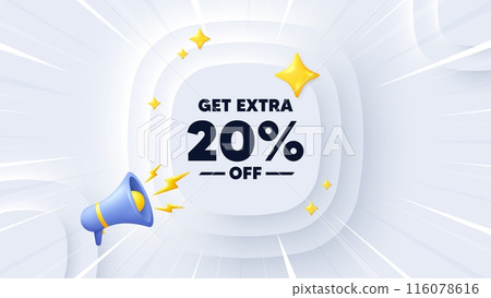 Get Extra 20 percent off Sale. Neumorphic banner with sunburst. Discount offer price sign. Special offer symbol. Save 20 percentages. Extra discount message. Banner with 3d megaphone. Vector Get Extra 20 percent off Sale. Neumorphic banner with sunburst. Discount offer price sign. Special offer symbol. Save 20 percentages. Extra discount message. Banner with 3d megaphone. Vector 116078616