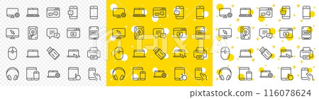 Laptop, Tablet PC and Smartphone icons. Mobile device line icons. HDD, SSD and Flash drive. Headphones, Printer and tablet device. Mouse, ssd disk, mobile laptop. Memory hdd drive. Vector 116078624