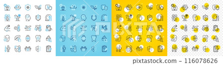 Vector icons set of Organic tested, Strong arm and Cardio training line icons pack for web with Calories, Coronavirus protection, Difficult stress outline icon. Clean skin, Sick man. Vector 116078626