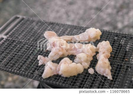 [Solo camping at the auto campground Grilling white offal on a net]　 116078665