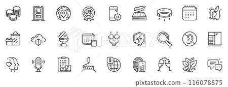 Icons pack as Led lamp, No hearing and Calendar line icons for app include Cupboard, Research, Seo phone outline thin icon web set. Microphone, Power safety, Tips pictogram. Vector Icons pack as Led lamp, No hearing and Calendar line icons for app include Cupboard, Research, Seo phone outline thin icon web set. Microphone, Power safety, Tips pictogram. Vector 116078875