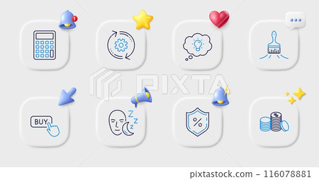 Buy button, Energy and Loan percent line icons. Buttons with 3d bell, chat speech, cursor. Pack of Cogwheel, Sleep, Banking money icon. Calculator, Brush pictogram. For web app, printing. Vector 116078881