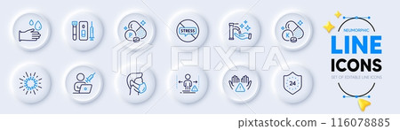 Vitamin k, Coronavirus and Social distance line icons for web app. Pack of Washing hands, Phosphorus mineral, Medical mask pictogram icons. Stop stress, Blood and saliva test. Vector 116078885