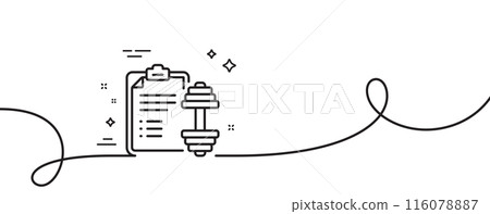 Dumbbell line icon. Continuous one line with curl. Workout plan sign. Gym fit report symbol. Dumbbell single outline ribbon. Loop curve pattern. Vector 116078887