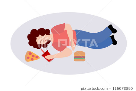 Eating disorder. Woman is lying on the floor with fast food. Overeating, bulimia, anorexia. Food addiction concept. Rejection of yourself. Cartoon flat vector illustration. 116078890