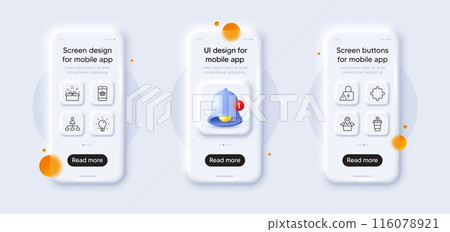 Package location, Smartphone buying and Puzzle line icons pack. 3d phone mockups with bell alert. Glass smartphone screen. Present box, Light bulb, Takeaway web icon. Vector Package location, Smartphone buying and Puzzle line icons pack. 3d phone mockups with bell alert. Glass smartphone screen. Present box, Light bulb, Takeaway web icon. Vector 116078921